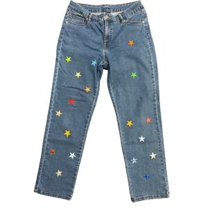 Basic Editions Womens Blue Star Embroidered Straight Leg Jeans Size 10 Medium‎